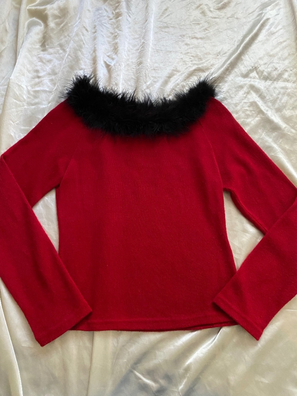 Vintage 1990s Red Feather Trim Sweater Holiday Party Clueless Large